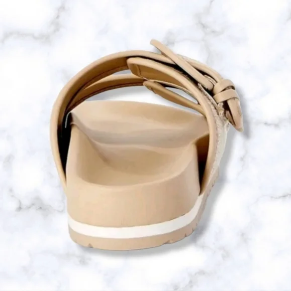 #466 New Women's Footbed Slides Sandals Flats Khaki Cream White Size 11 Shoes - Picture 5 of 6